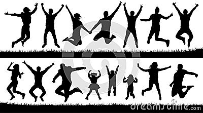 Happy jumping people, silhouettes set. Cheering young children, audience Vector Illustration